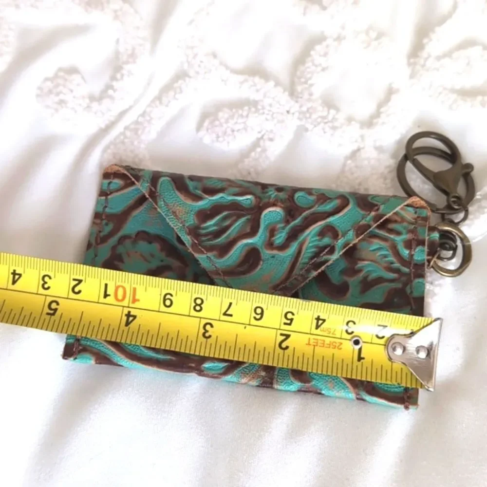 Turquoise and Brown Leather Tooled Artisan Keychain/C Card Money /Mini Wallet